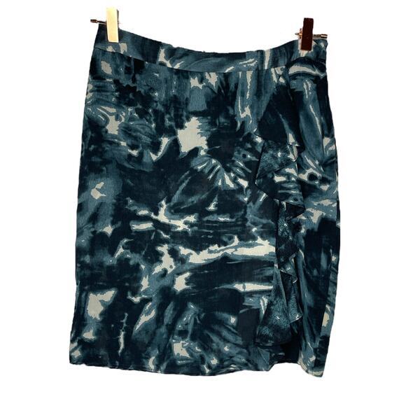 Ann Taylor Womens Faux Wrap Silk Ruffle Skirt Blue Gray Abstract Print Size 2 - Picture 1 of 4